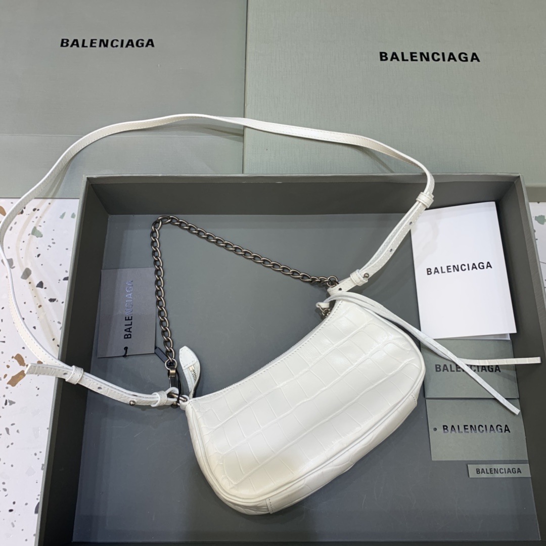 Balenciaga Le Cagole Mini Bag With Chain Crocodile Embossed Shoulder Bag White